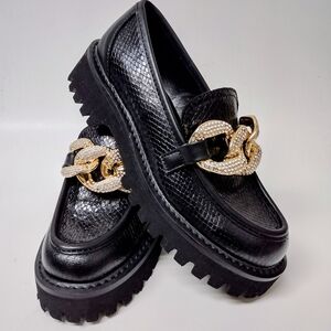 Karl Lagerfeld Black Loafers with Gold Chain Accent Size :6.5M